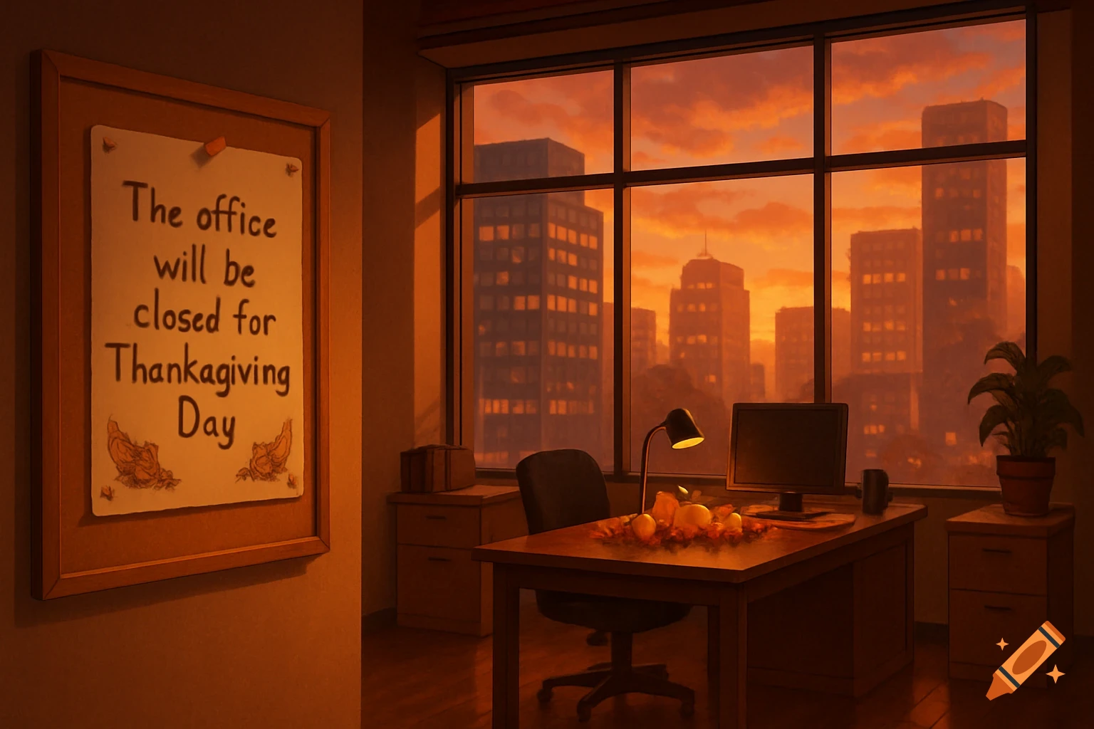 An office with a bulletin board announcing 'The office will be closed for Thanksgiving Day,' a desk with autumn decorations, and a city view at sunset.