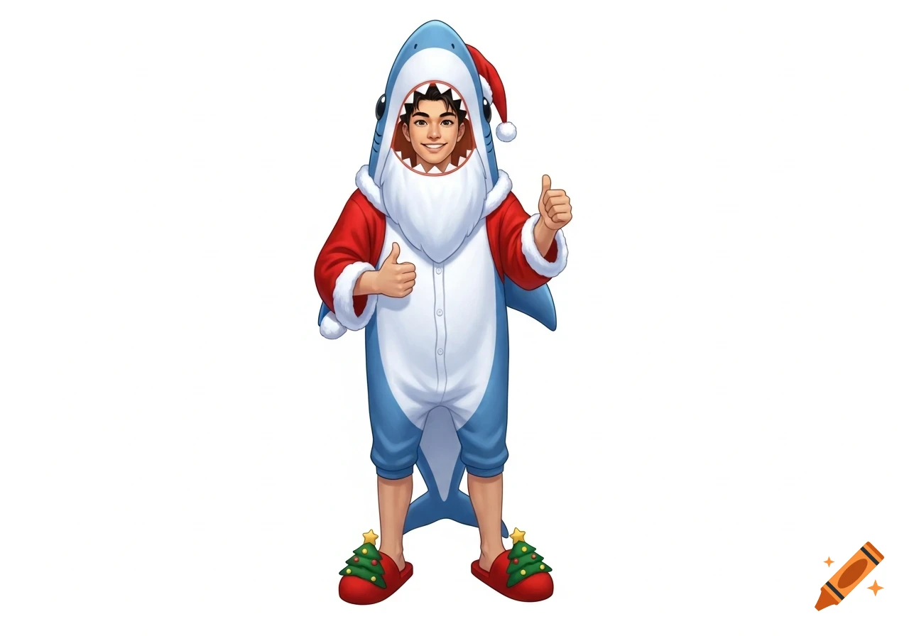 Smiling man in a blue shark costume dressed as Santa, giving thumbs up, wearing Christmas tree slippers.