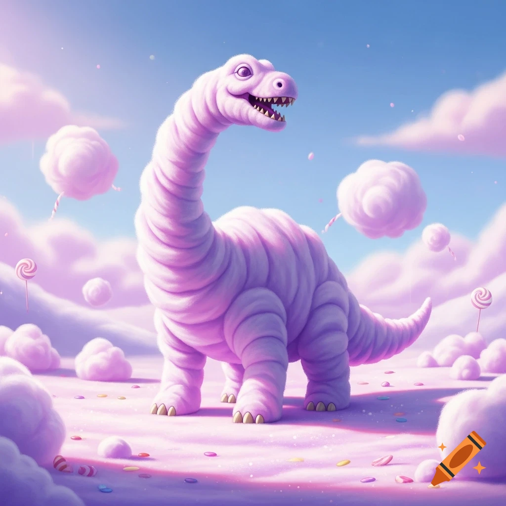 A smiling purple cotton candy dinosaur stands in a pastel candy landscape with cotton candy clouds and lollipops.