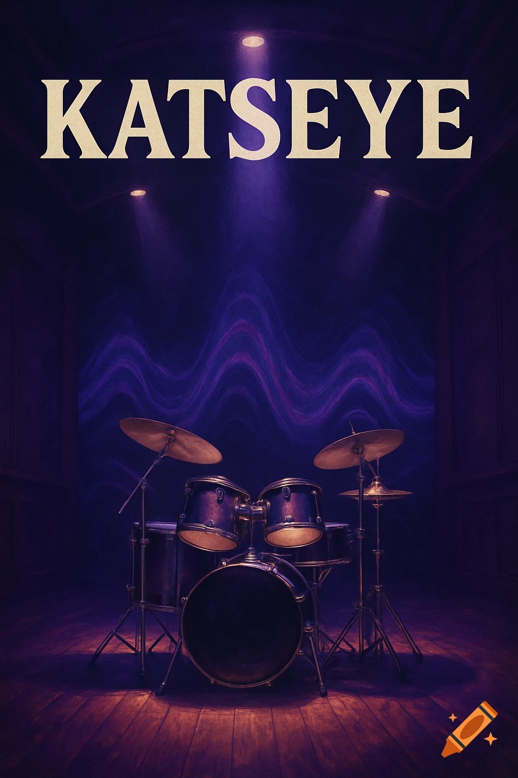 A drum set is spotlit on a dark stage with purple ambient lighting and wavy patterns on the back wall, under the bold text 'KATSEYE'.