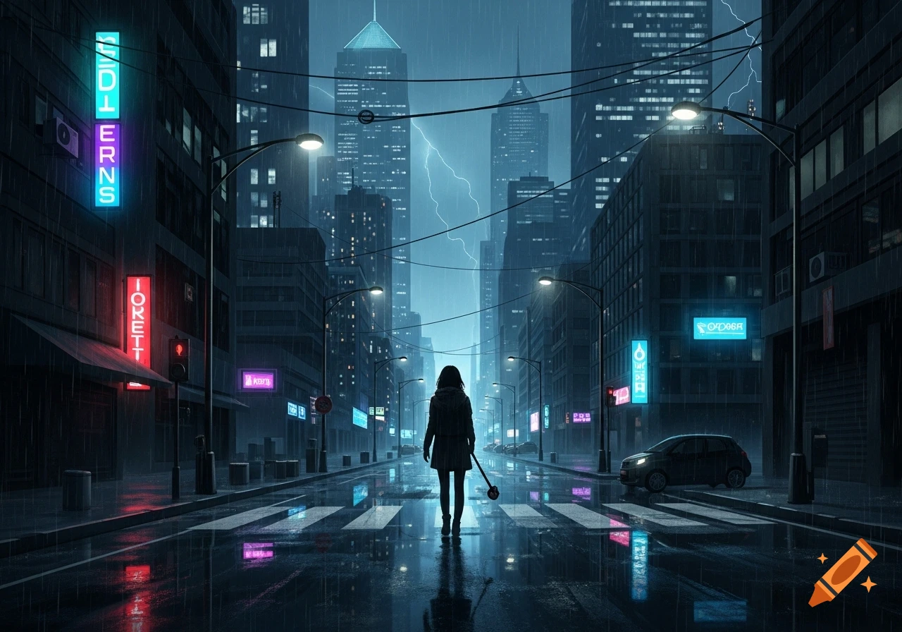 A solitary figure walks down a rainy city street at night, illuminated by neon signs and streetlights, with lightning striking between tall buildings.