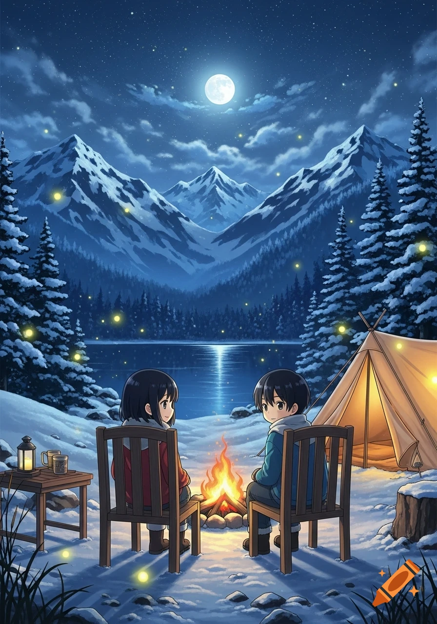 Anime children sit by a campfire in a snowy mountain landscape at night, with a lake, tent, moon, and fireflies.