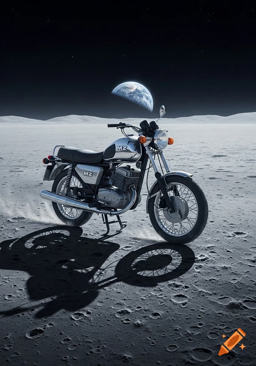 Photorealistic MZ motorcycle parked on a cratered moon surface under a starry sky, with Earth partially visible above the horizon.