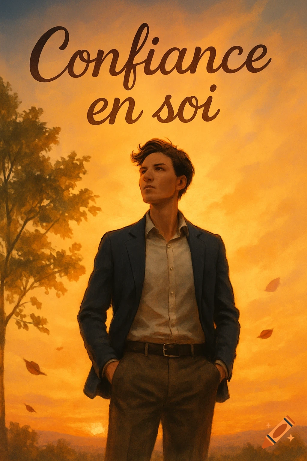 A young man in a suit jacket looks up confidently against an orange sunset sky with falling leaves and the text 'Confiance en soi' in a digital painting style.