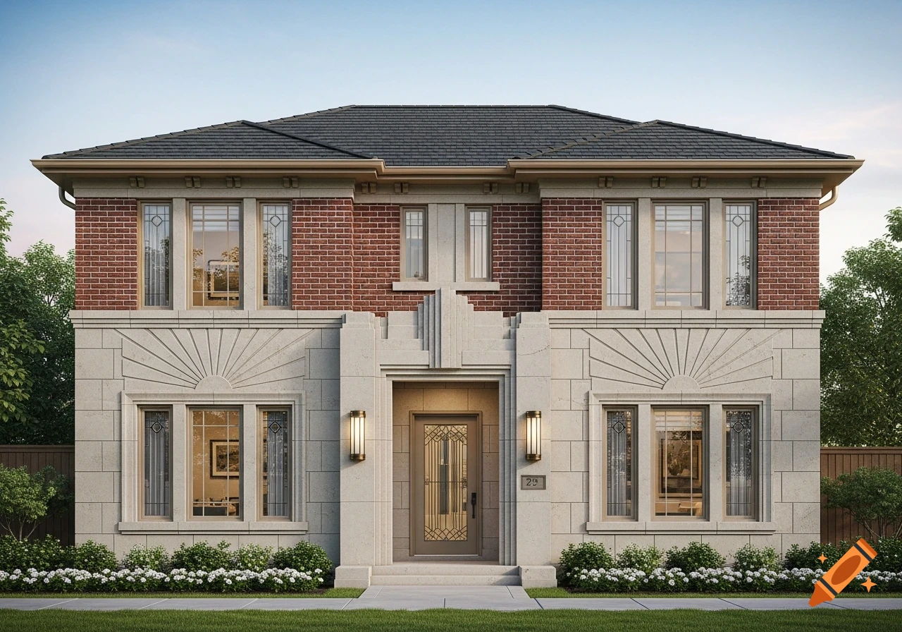 Photorealistic front-elevation view of a two-story Art Deco inspired house with brick and stone facade, a dark roof, and green landscaping.