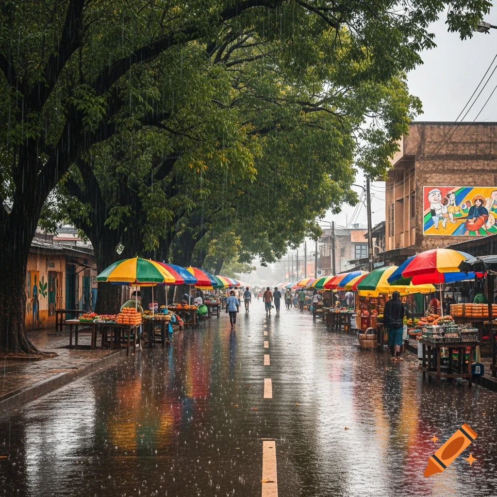 A vibrant street market in a city, with colorful umbrellas lining a wet road under the rain, reflecting the lights.