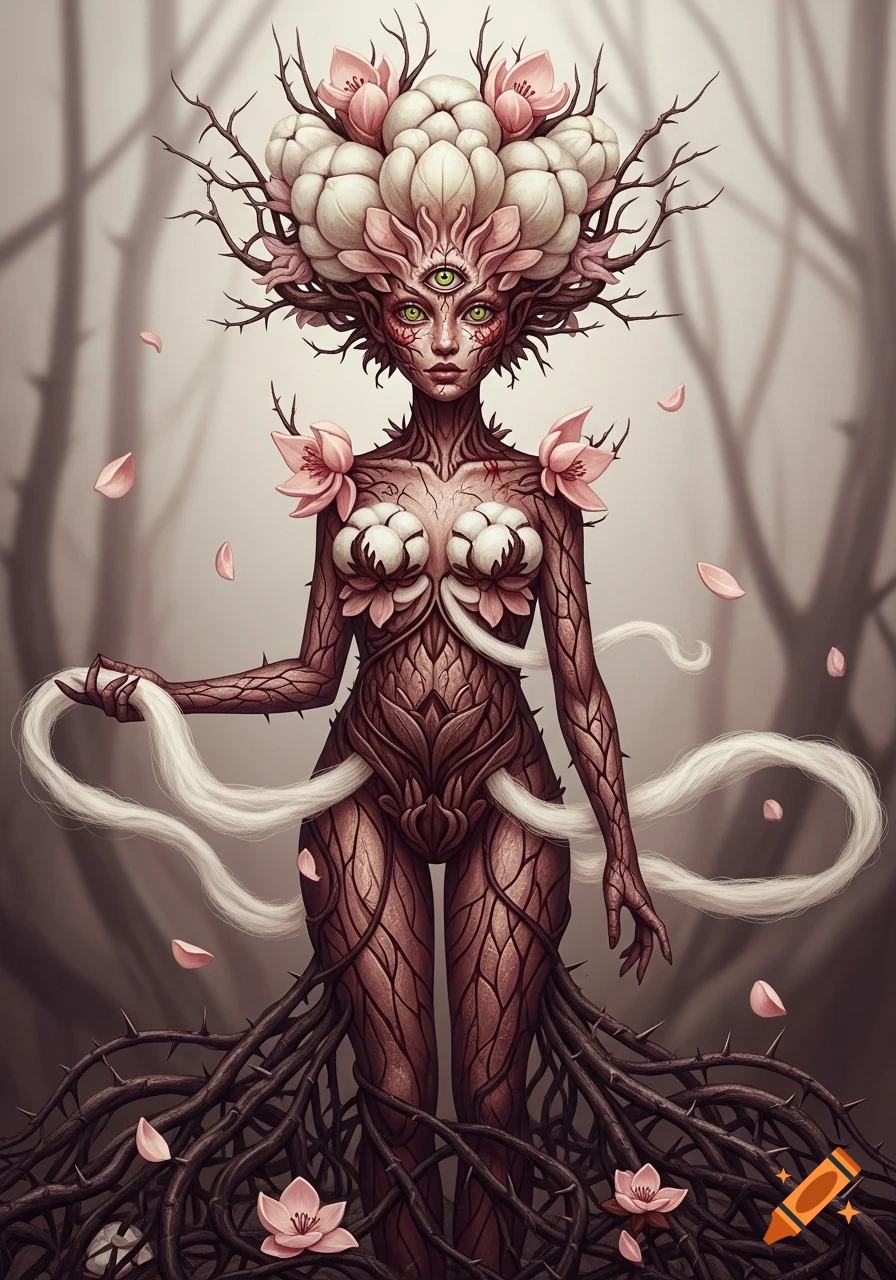 A surreal, botanical girl with three green eyes, bark-like skin, and fluffy pink and white blossoms as hair and adornments, against a blurry forest background.