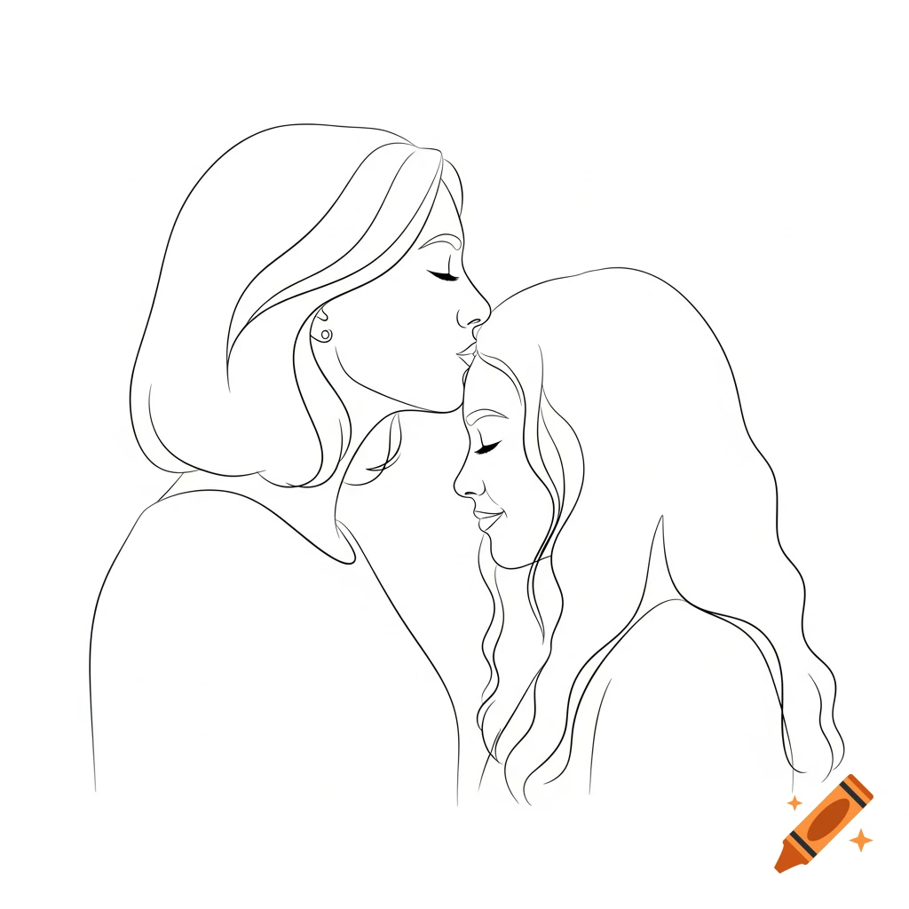 Minimalist line art illustration of a mother kissing her daughter on the forehead.