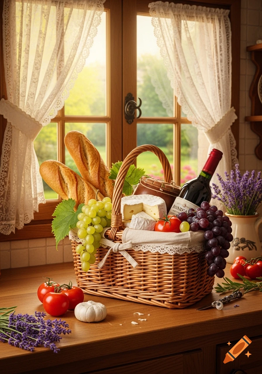 A rustic still life featuring a basket filled with baguettes, cheeses, grapes, and a bottle of wine on a wooden counter by a sunlit window.