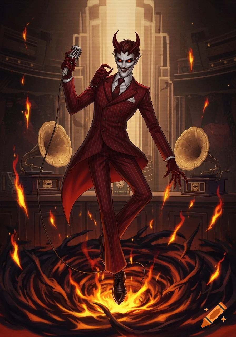 A stylized demon with red skin, horns, and a pinstripe suit, floating in fire while holding a vintage microphone and grinning menacingly.