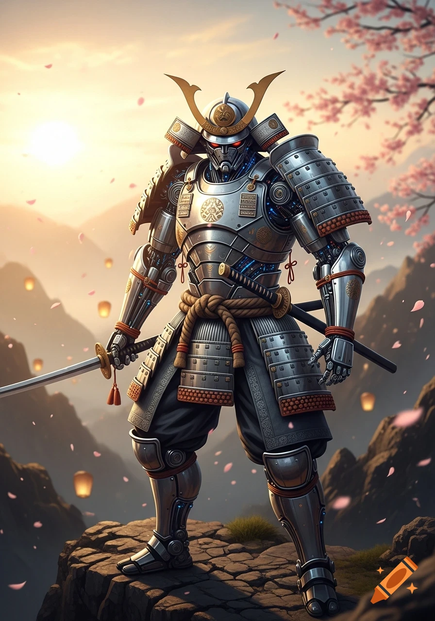 A robotic samurai in intricate armor stands on a cliff at sunset, holding a katana, with cherry blossoms and floating lanterns.
