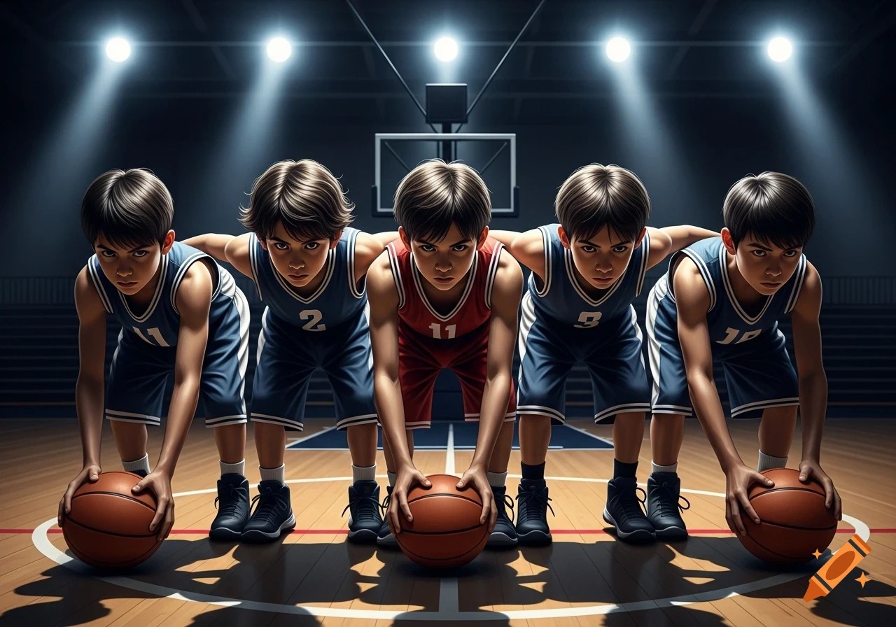 Five young boys in basketball uniforms kneel on a court, holding basketballs, with focused expressions under bright spotlights. Photorealistic style.