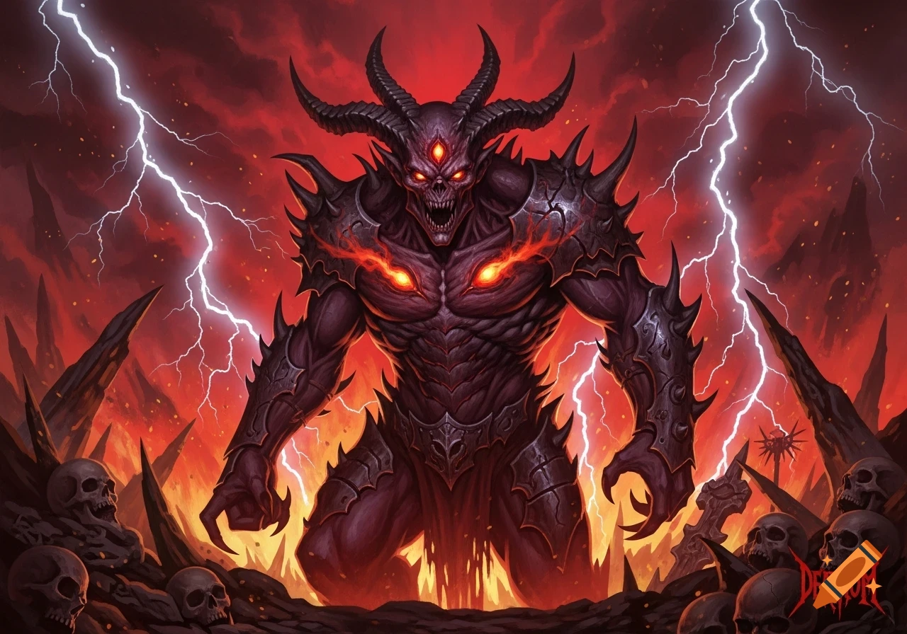 A demonic figure with multiple horns, glowing red eyes, and armored skin stands amidst skulls and spikes, with lightning striking in a fiery red sky, in a death metal art style.