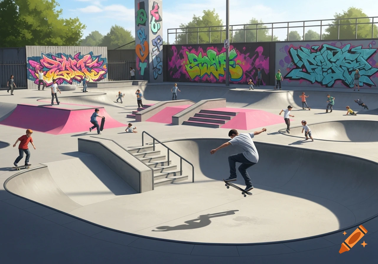 Many people skateboard in a vibrant outdoor skate park with pink ramps and graffiti-covered walls under a sunny sky.