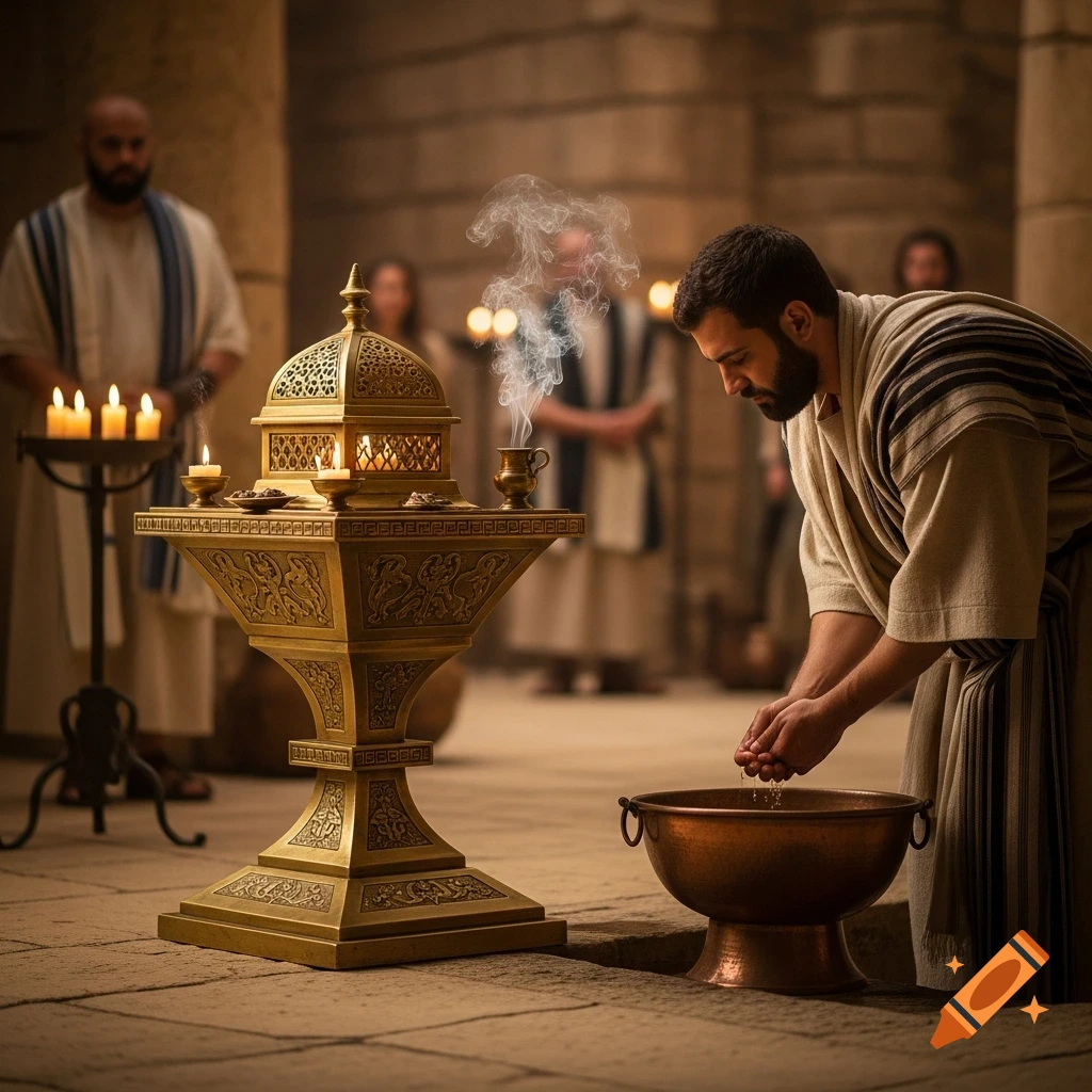 A man in ancient robes washes his hands in a copper basin next to a golden incense altar with smoke and candles in a stone chamber.