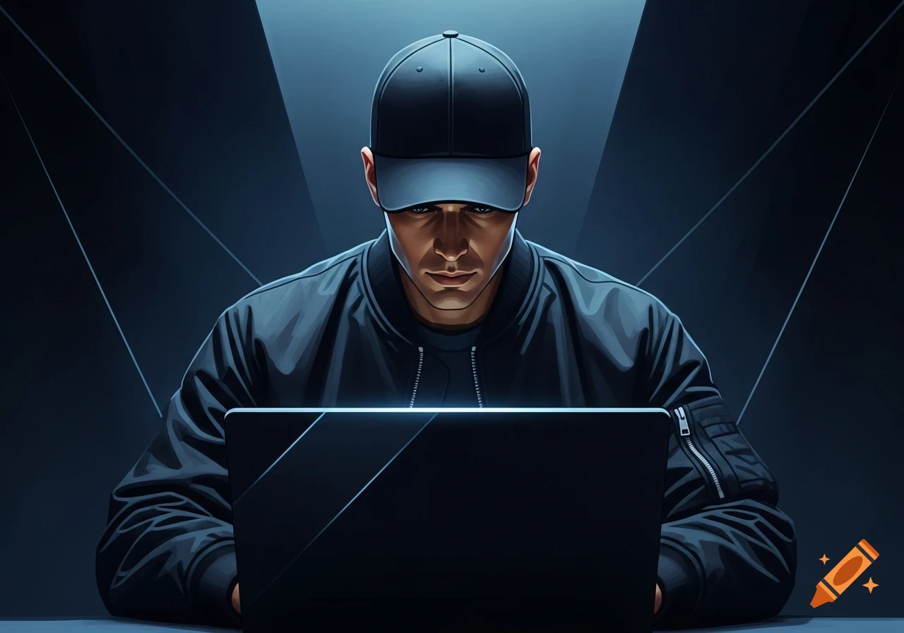A male cybersecurity specialist in a black cap and bomber jacket looks intensely at a black laptop in a dark, stylized setting.