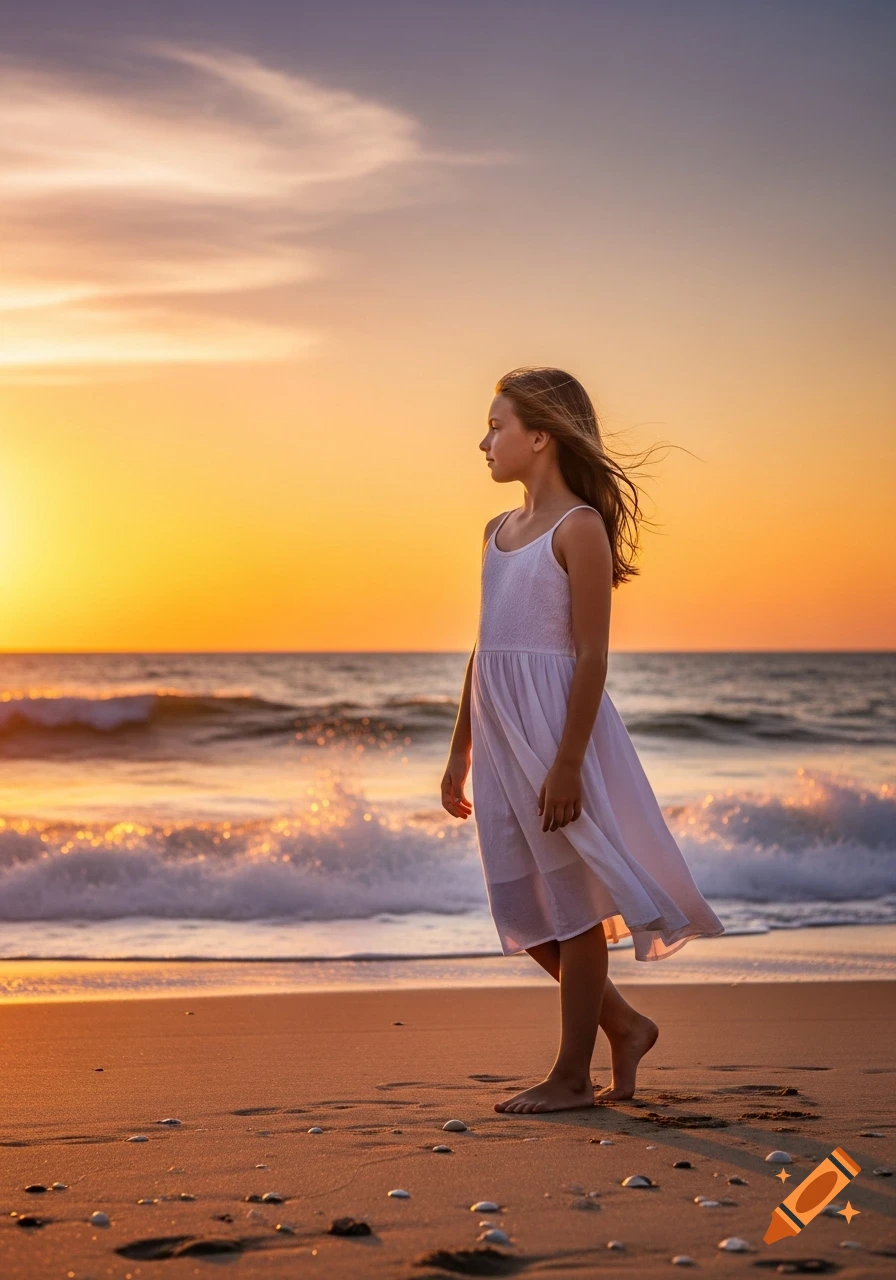 Photorealistic image of a young girl in a white dress standing on a ...