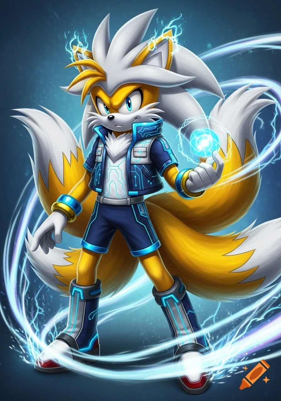 A fox-hedgehog hybrid warrior, golden and silver fur, in a futuristic blue and white circuit outfit, holding a glowing blue energy orb.