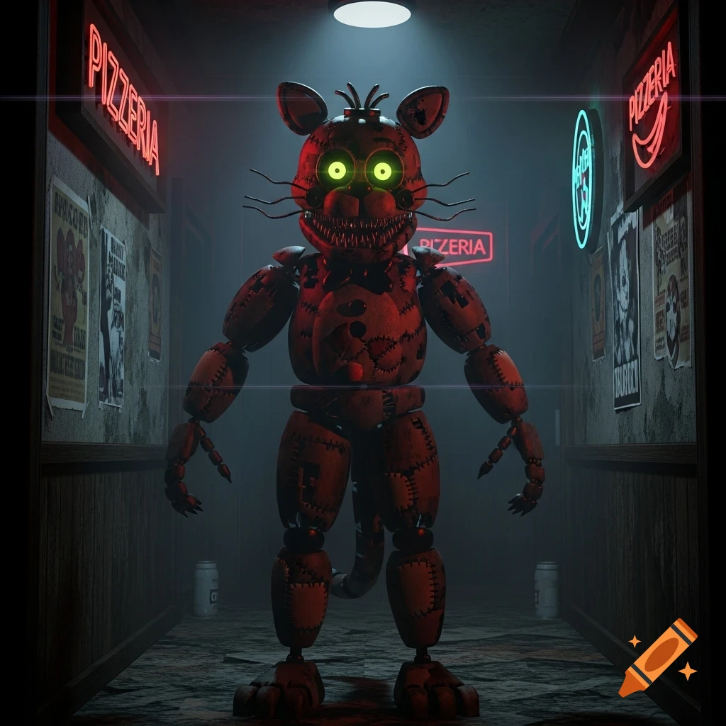 A menacing, dark red animatronic cat with glowing green eyes and sharp teeth stands in a dimly lit pizzeria hallway with neon signs.