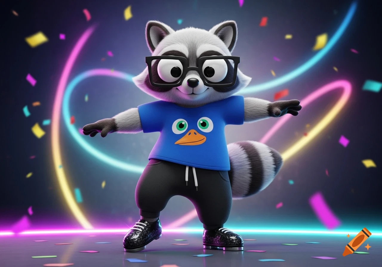 A cartoon raccoon wearing eyeglasses, a blue t-shirt with a duck face, black sweatpants, and glittery shoes dances amidst confetti and neon lights.