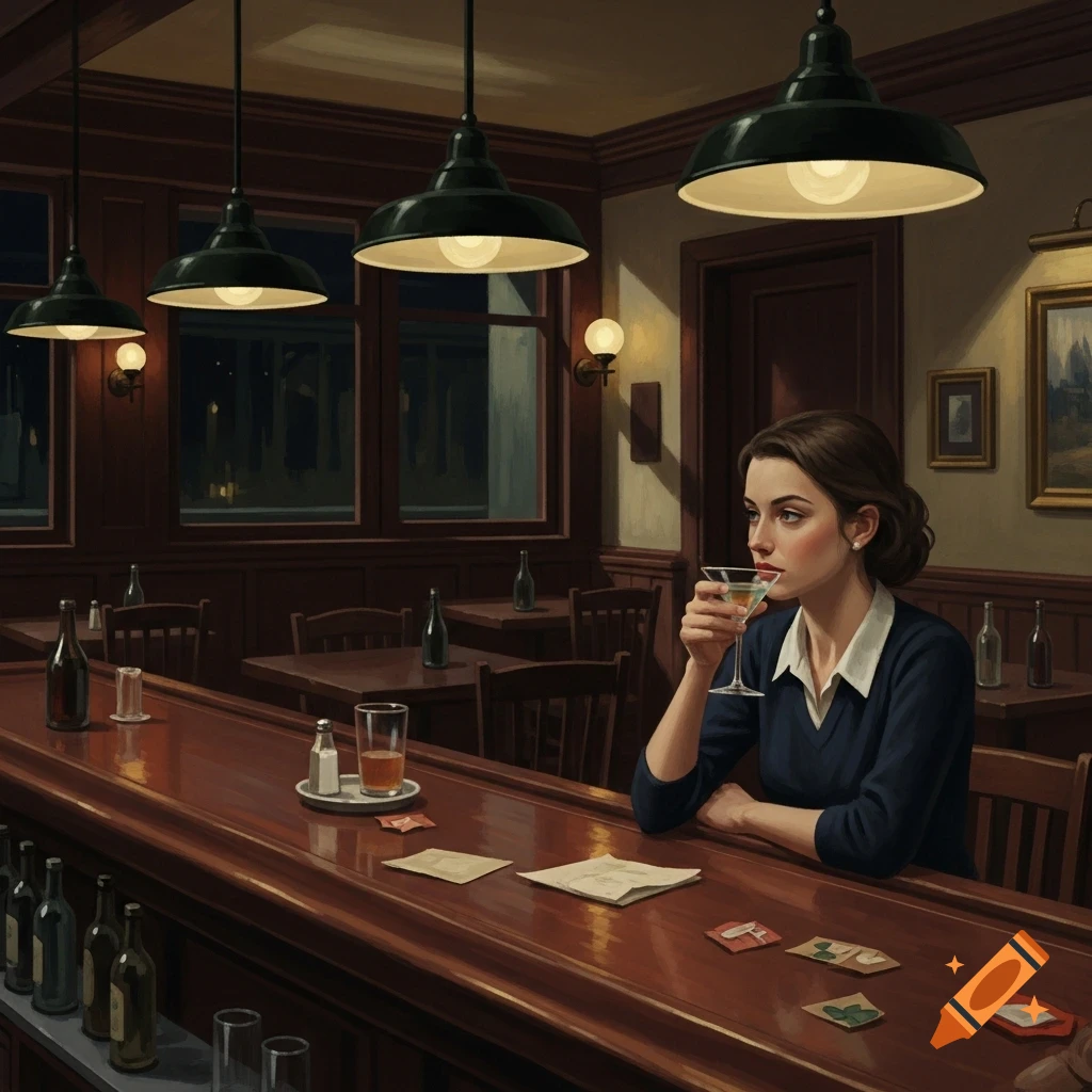 A young woman sips a martini alone at a dim, melancholic bar in the style of Edward Hopper.