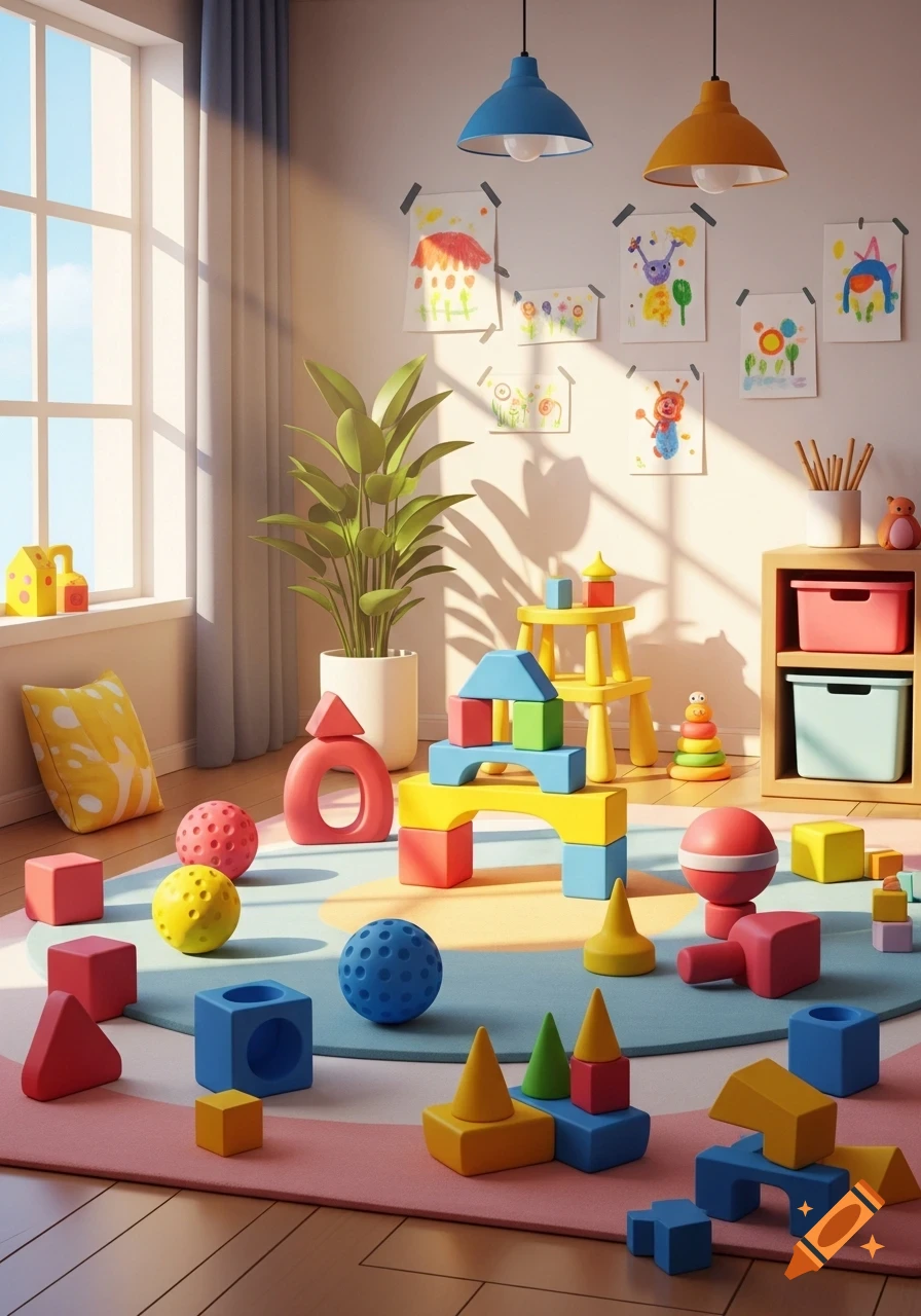 A brightly lit children's playroom filled with colorful building blocks, balls, and other toys on a round rug, with children's drawings taped to the wall.
