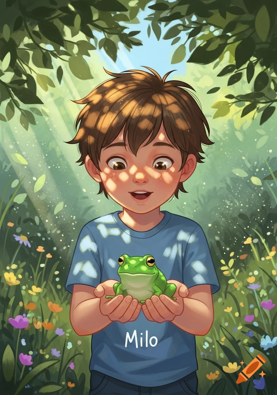 A charming illustration of a smiling boy holding a green frog in a sunlit forest clearing filled with colorful wildflowers.