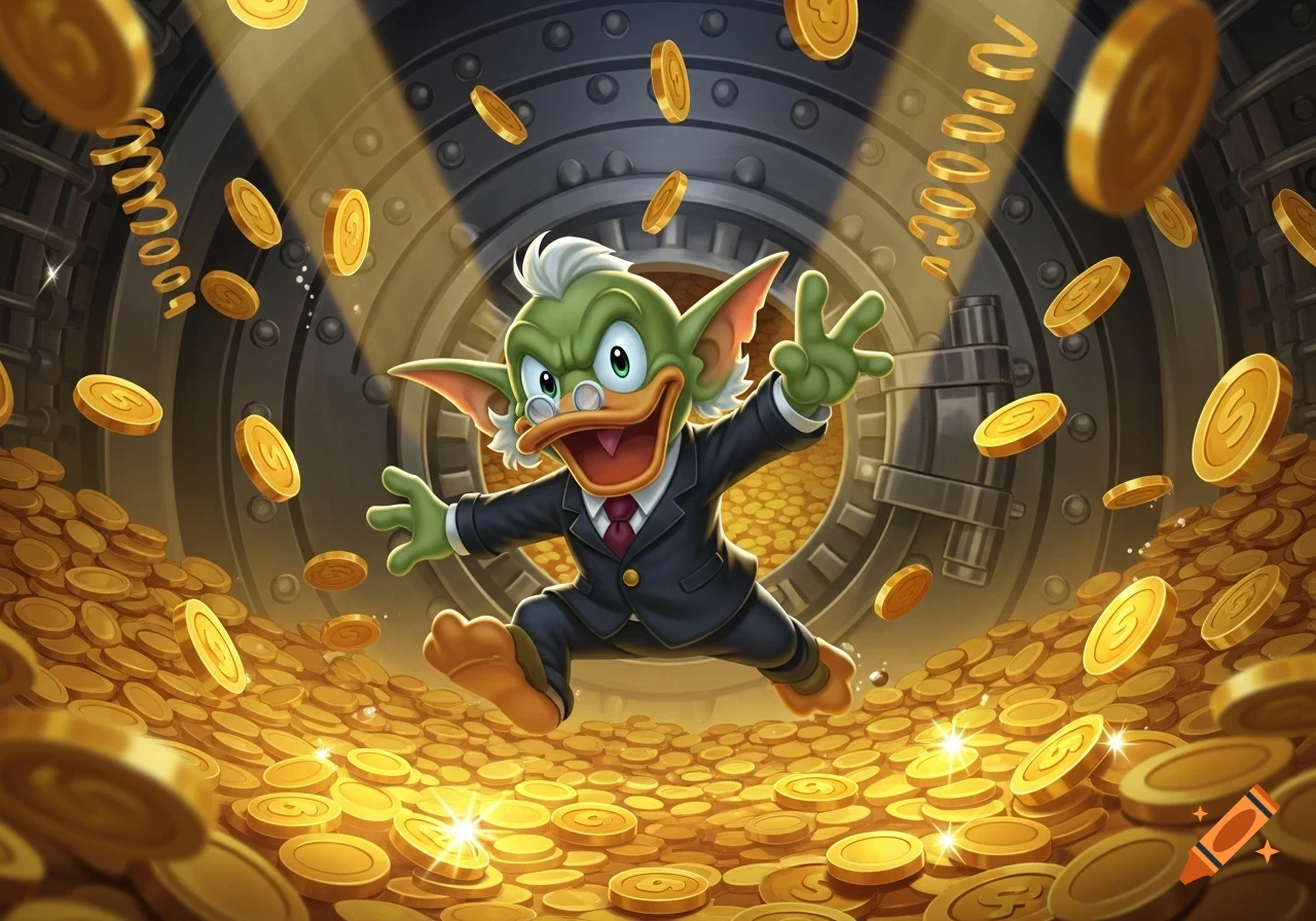 A green, goblin-like character in a suit joyfully swims in a vault filled with gold coins, in a vibrant cartoon style.