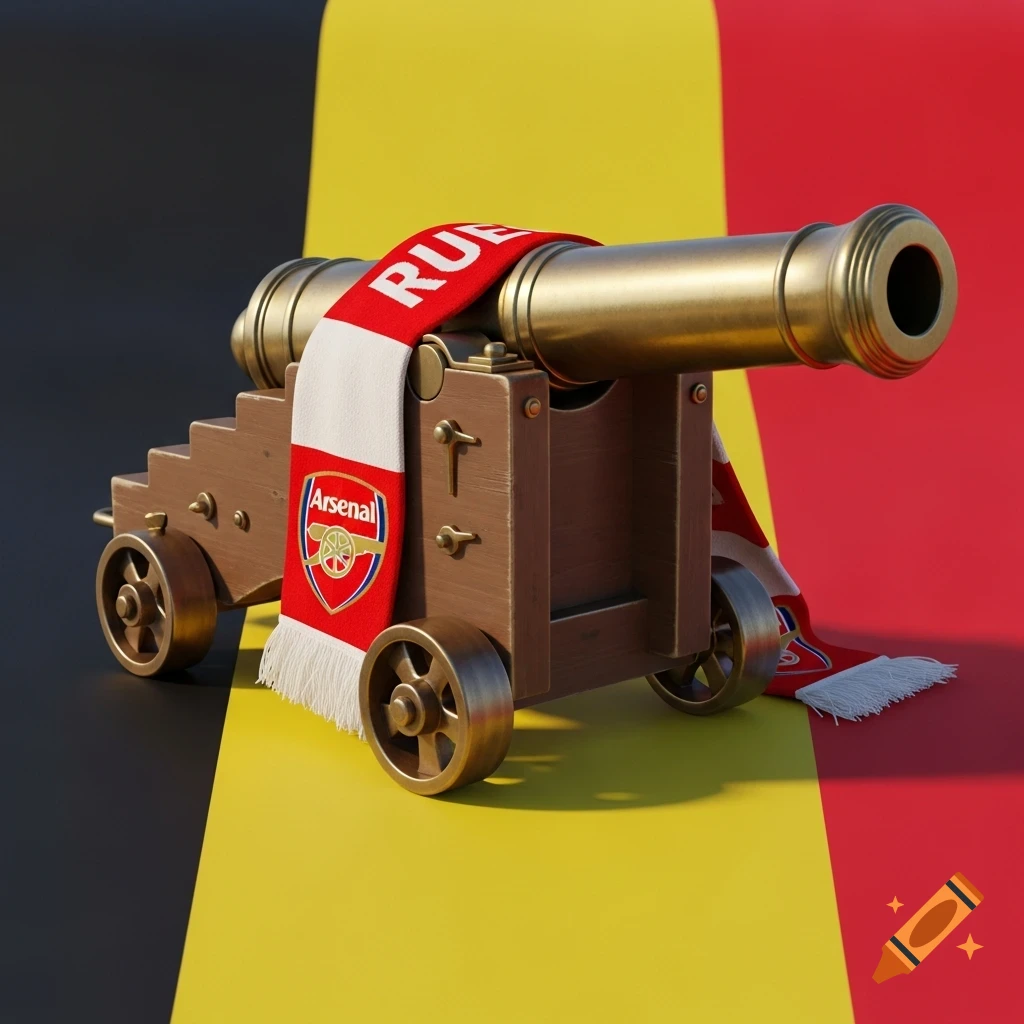 A stylized golden cannon with a wooden base, draped with a red and white scarf featuring the Arsenal logo and the word "RUSSIA", sits on a background resembling the Belgian flag.