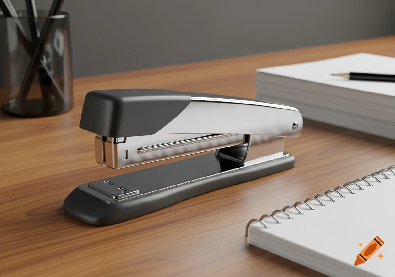 A gray and silver stapler sits on a wooden desk with office supplies like a notebook and pencils, in a photorealistic style.