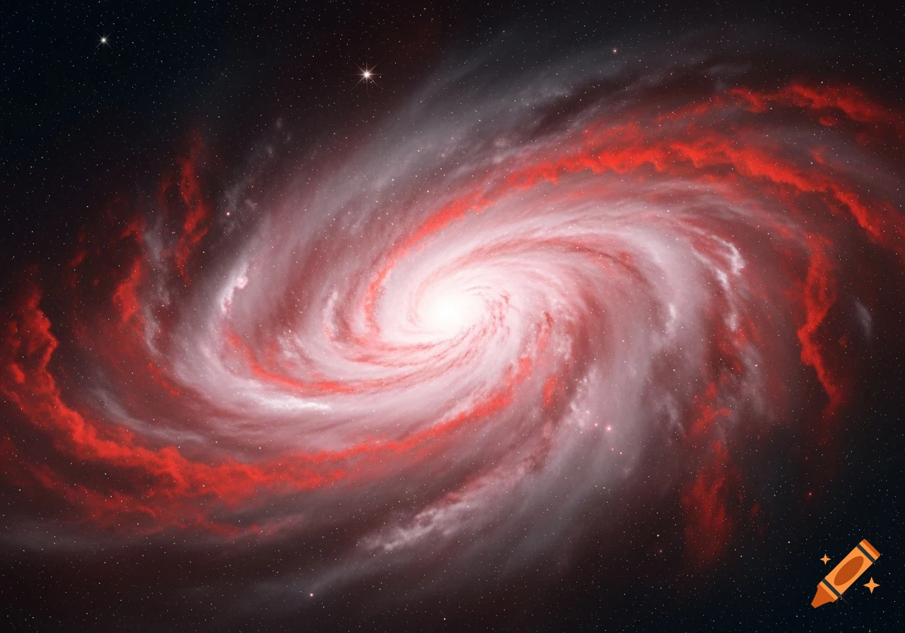 A vibrant red and white spiral galaxy against a dark, star-filled space background.
