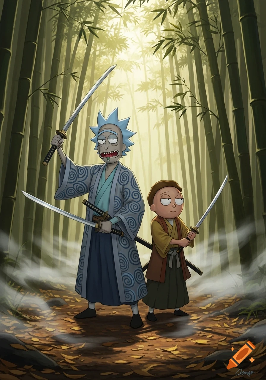 Rick and Morty dressed as samurai, holding katanas in a misty bamboo forest.