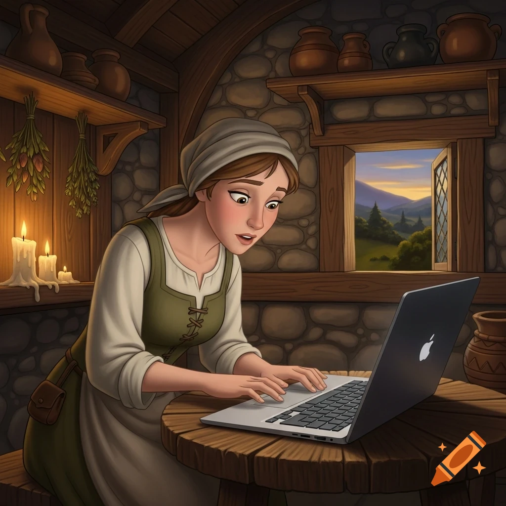 An animated medieval peasant woman with a headscarf types on a modern laptop at a wooden table in a rustic room.