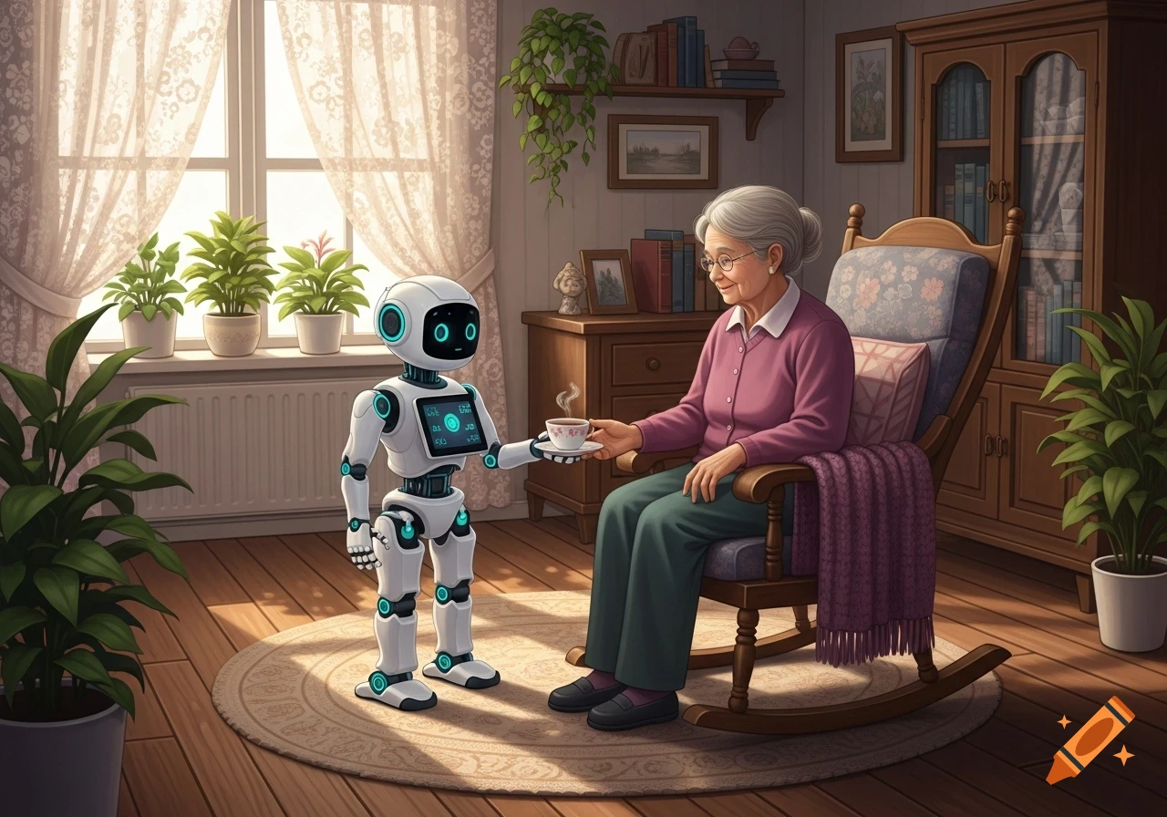 A white robot serving a cup of steaming tea to an elderly woman sitting in a rocking chair in a cozy living room.
