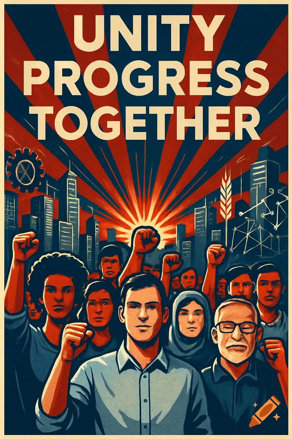 A socialist propaganda poster with diverse people raising fists against a city skyline, sunburst, and text 'UNITY PROGRESS TOGETHER'.
