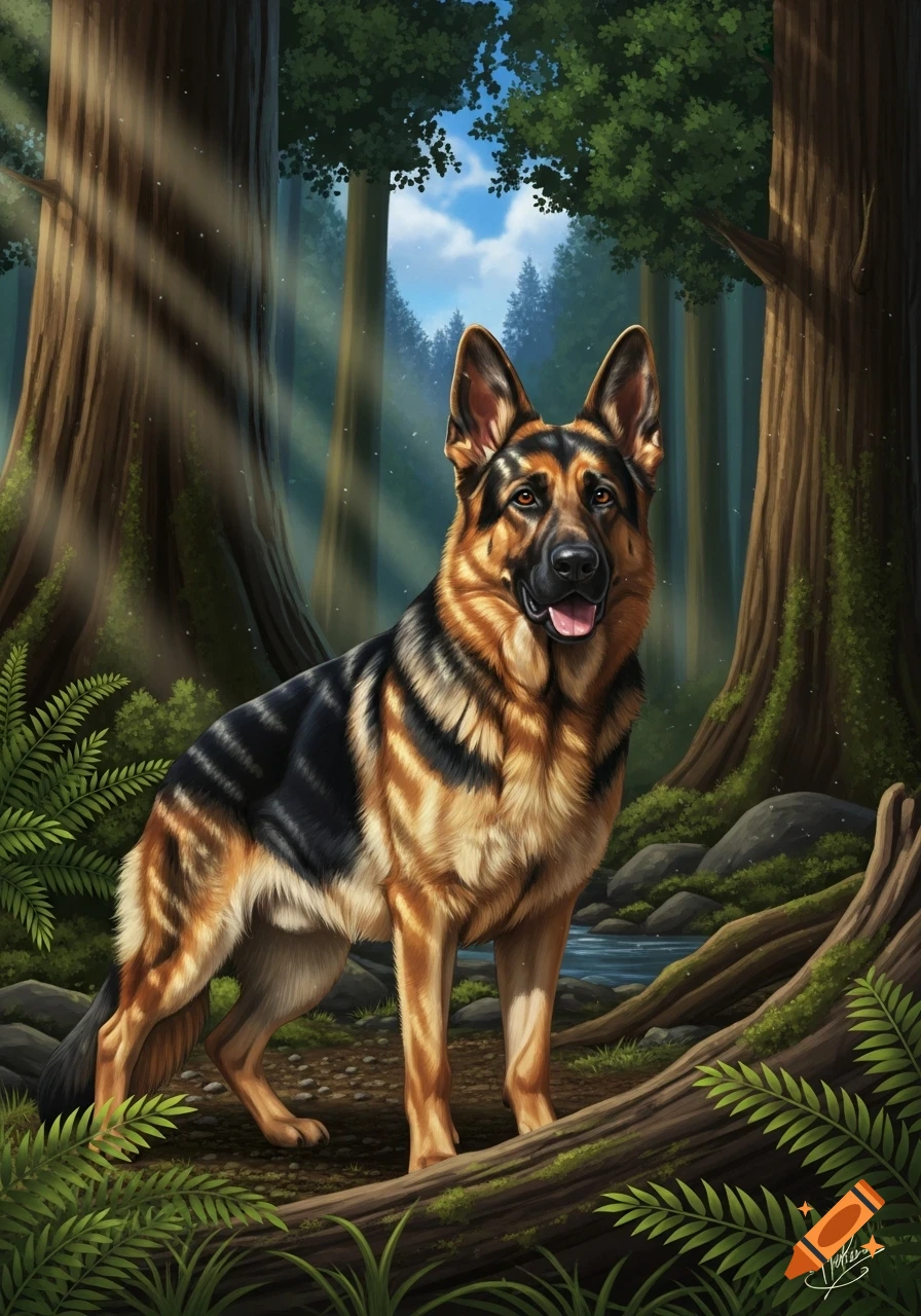 A German Shepherd dog stands in a sun-dappled forest, beside a stream, looking forward in a digital illustration.