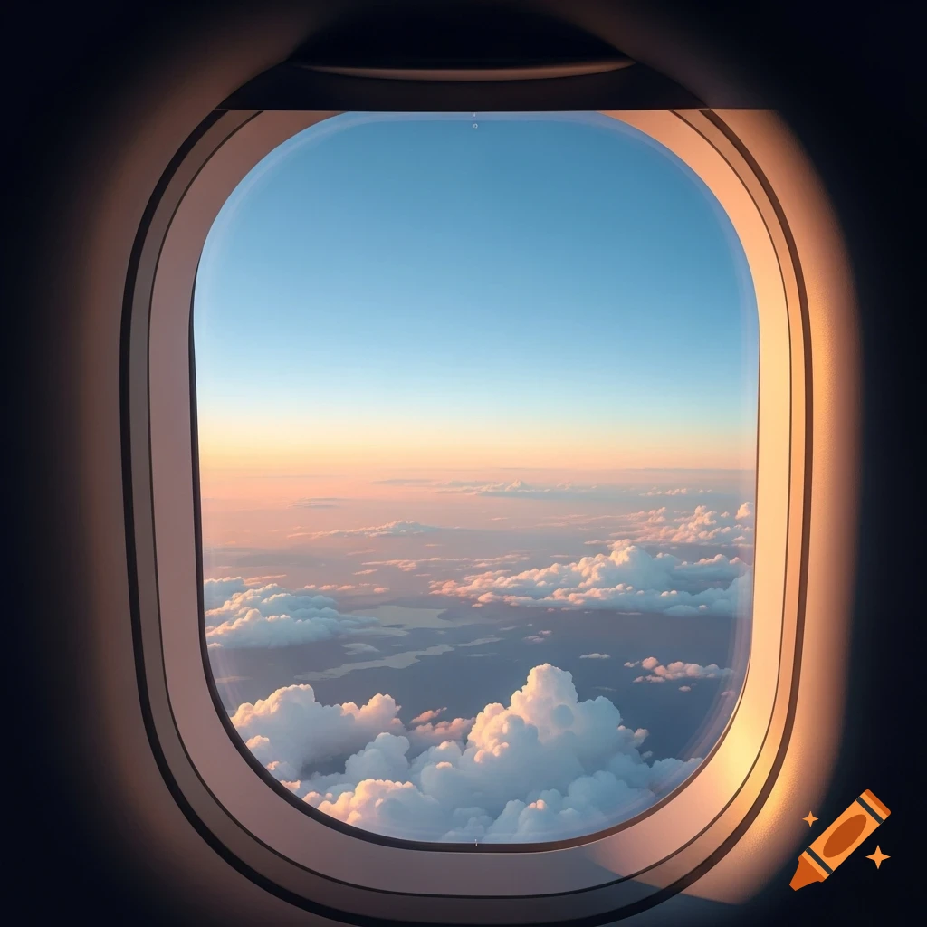 View from an airplane window, showing fluffy clouds against a gradient sky during sunset.