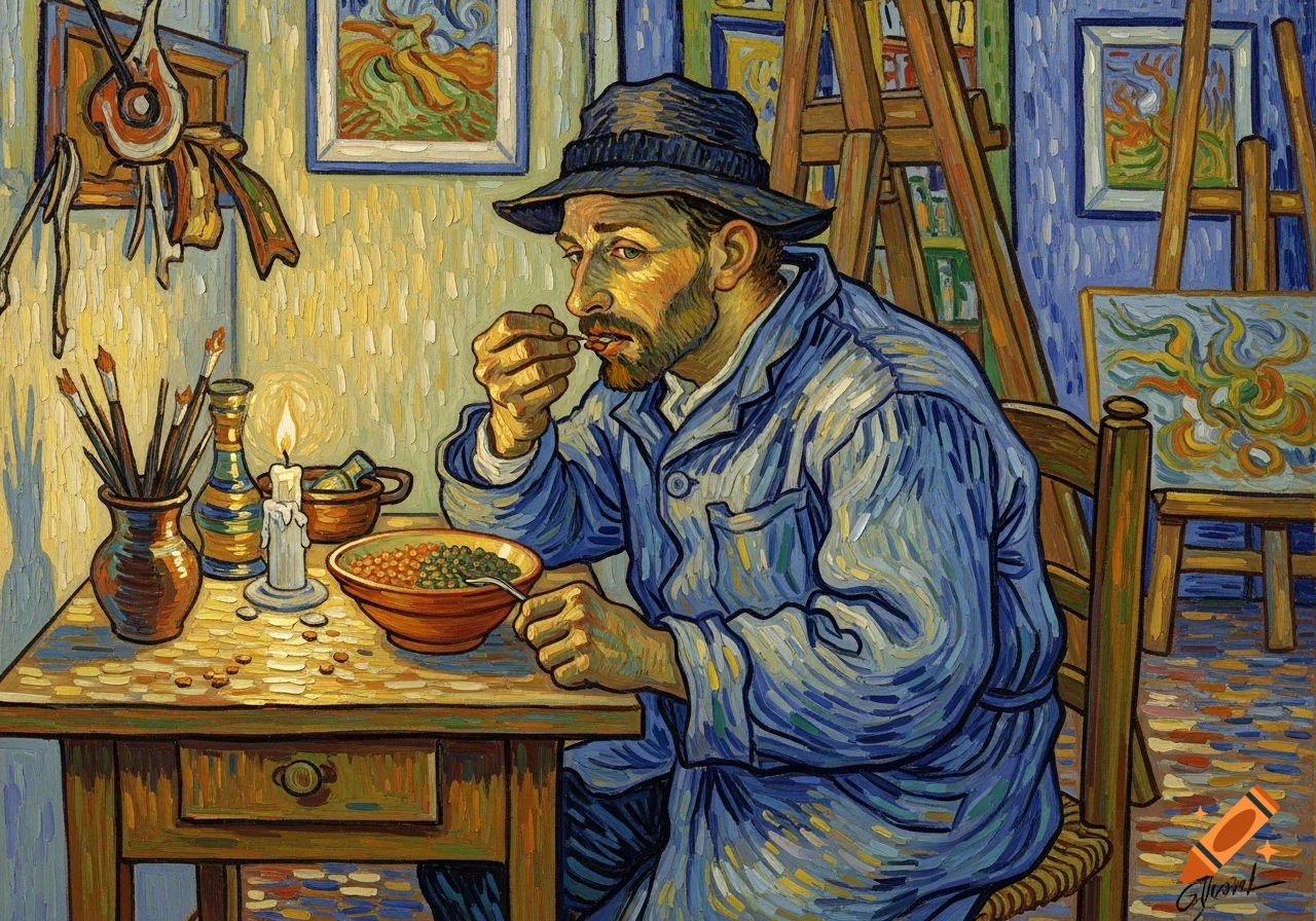 A Van Gogh-style painting of a bearded man in a blue coat and hat, eating from a bowl of lentils by candlelight in an art studio.