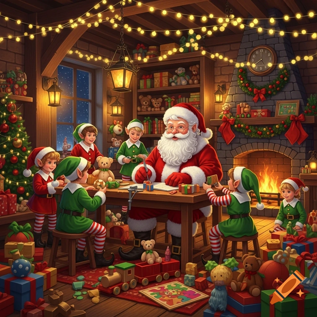 Santa Claus and several elves are making toys in a cozy, brightly lit Christmas workshop filled with gifts.