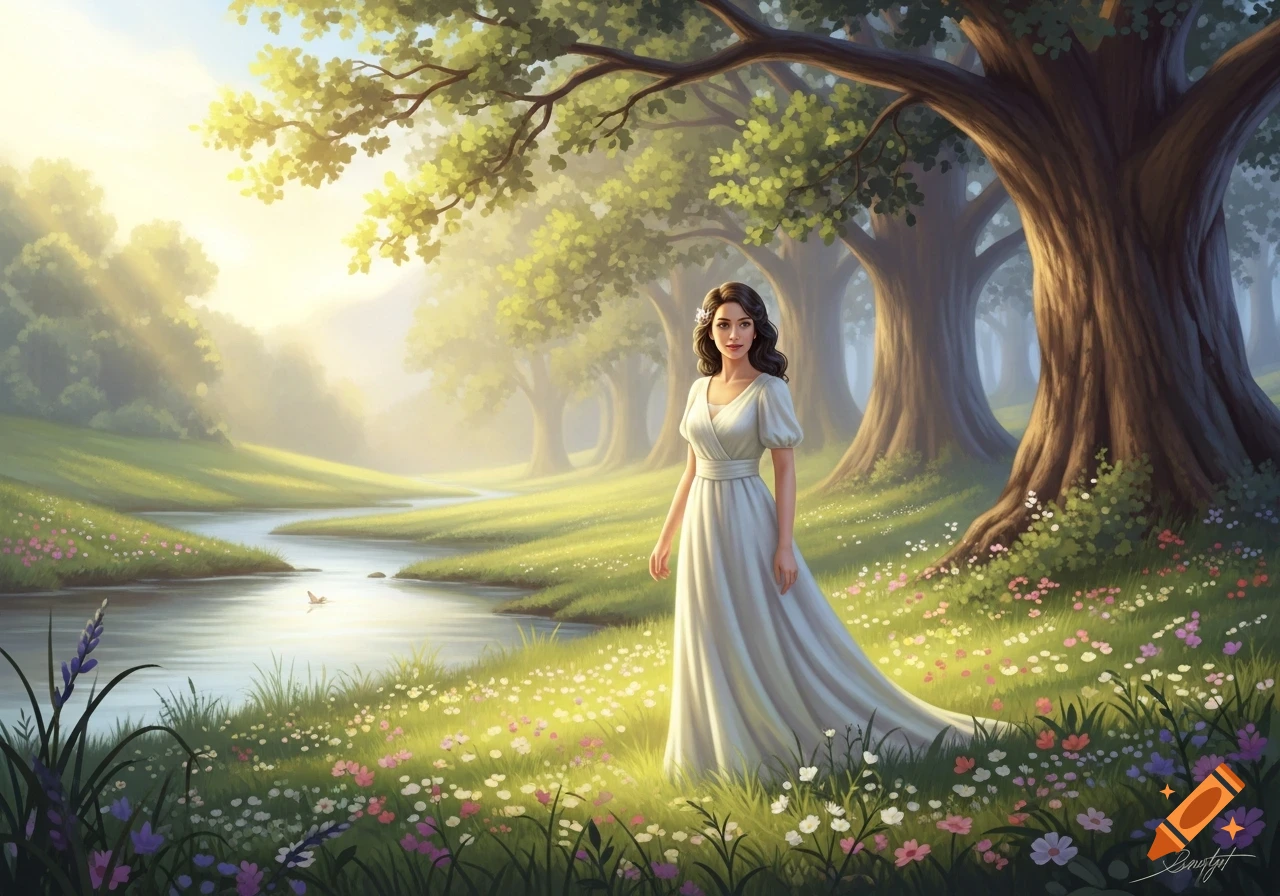 A woman in a flowing white dress stands in a lush, sunlit meadow beside ...