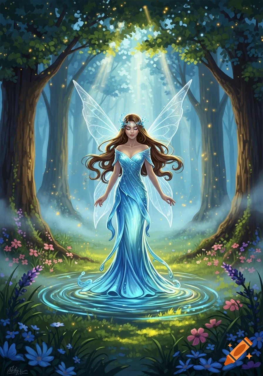 A beautiful brown-haired fairy with light blue wings and a flowing blue dress stands in a magical forest pond with glowing light rays.
