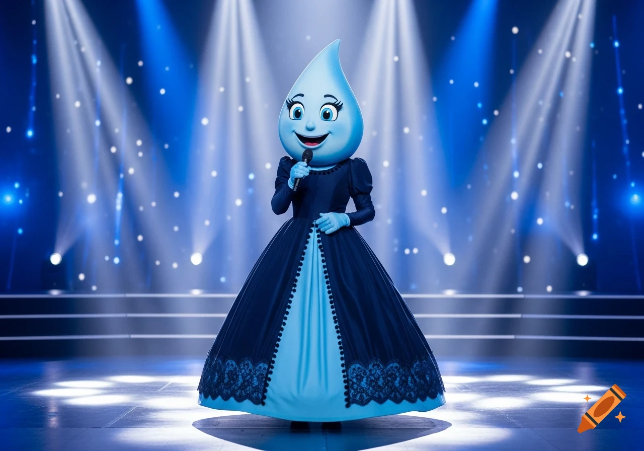 A cheerful blue water droplet mascot character in a dark blue gown with lace and pom-poms, holding a microphone on a brightly lit stage.