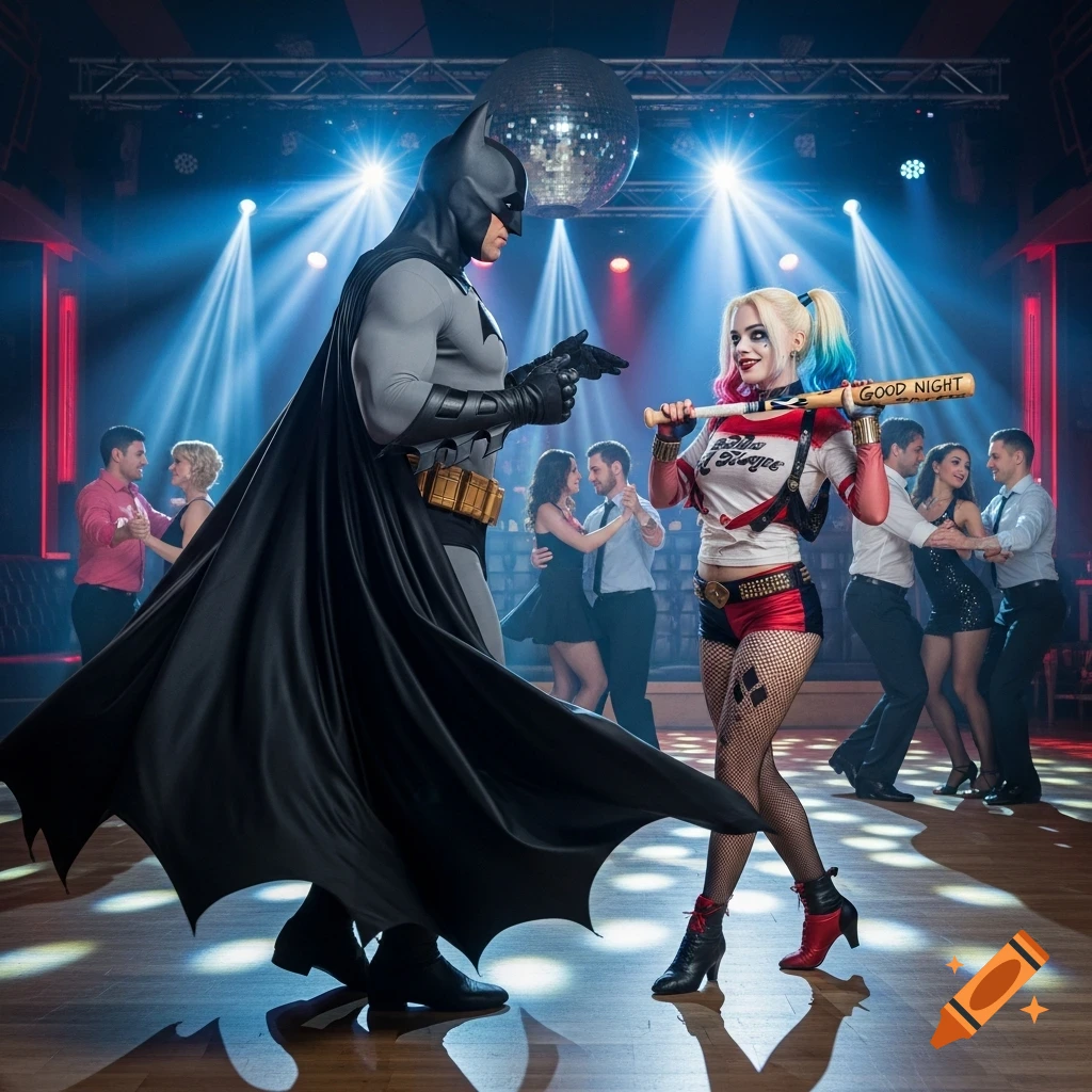 Batman and Harley Quinn dancing in a crowded nightclub with disco lights. Harley holds a bat reading 'Good Night'.