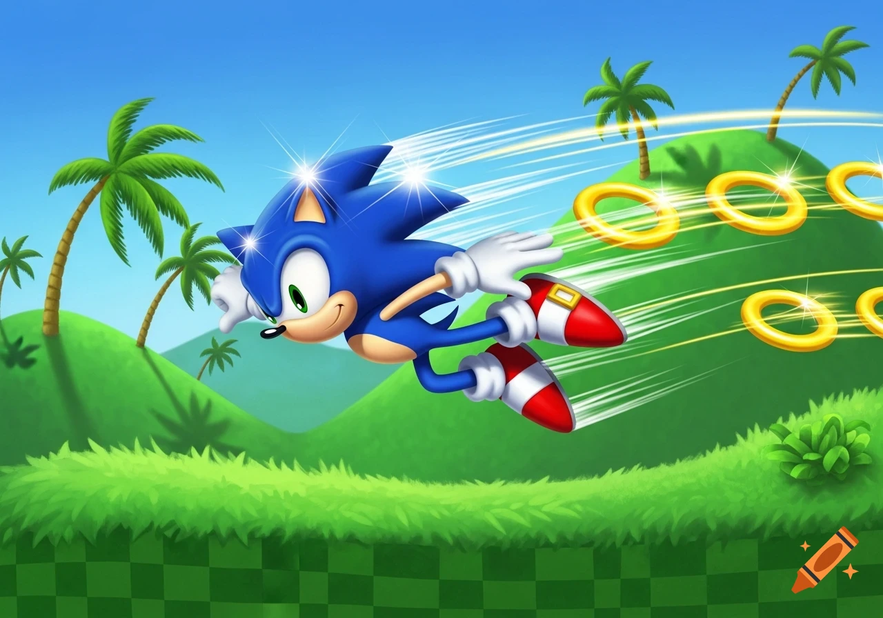 Sonic the Hedgehog speeds across green hills and collects golden rings, with palm trees under a blue sky in a vibrant cartoon style.