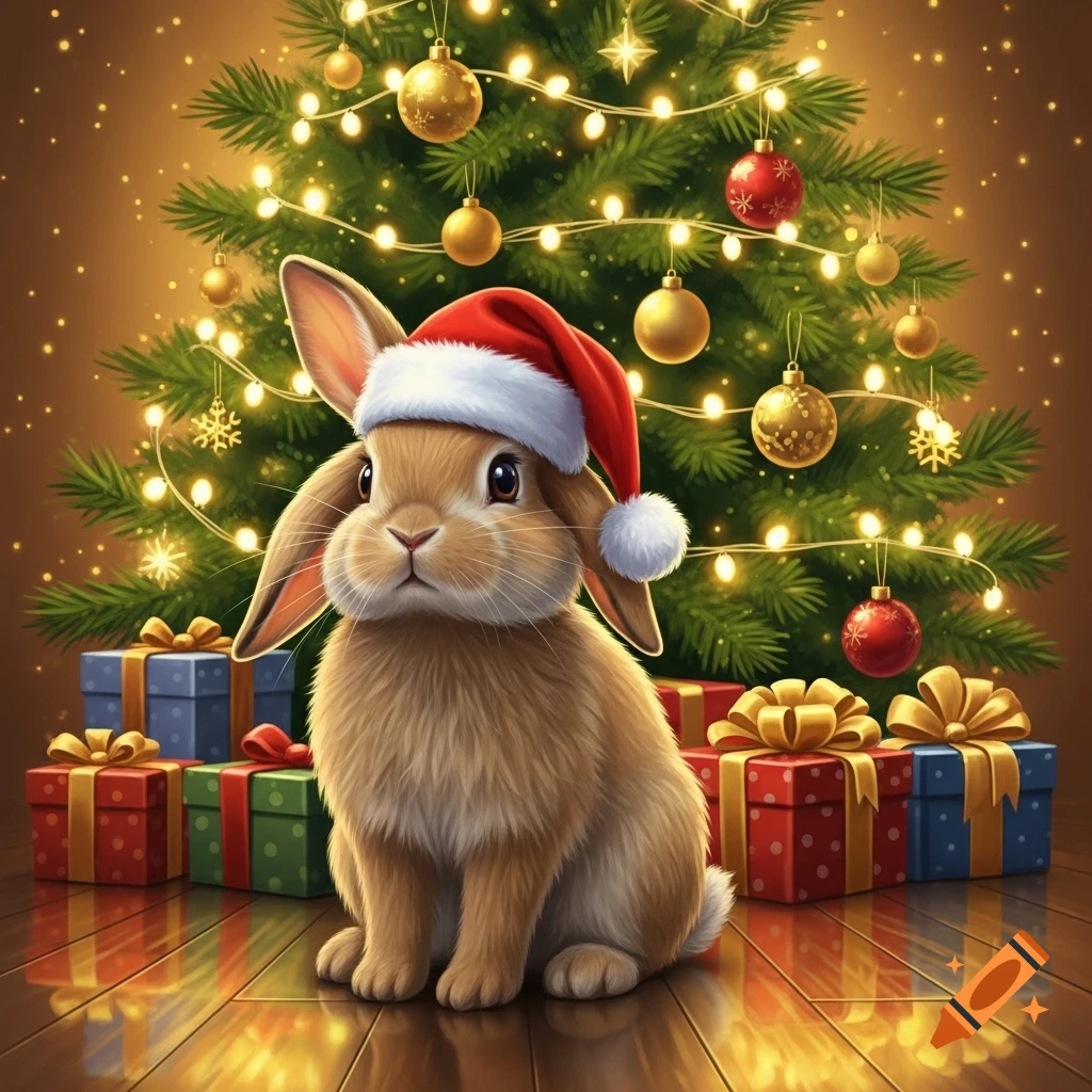 A cute light brown rabbit with long ears wearing a red Santa hat sits on a reflective wooden floor in front of a decorated Christmas tree and presents.