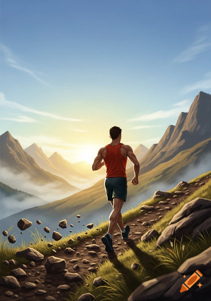 A man in a red tank top runs up a rocky mountain path at sunrise, with misty valleys and tall peaks in the background.