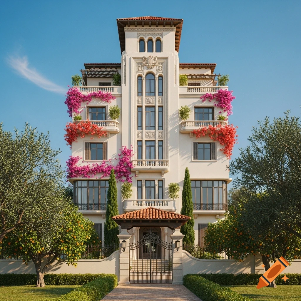 A grand white house with red tile roof, ornate balconies draped in pink and red bougainvillea, an iron gate, and orange trees under a clear blue sky.