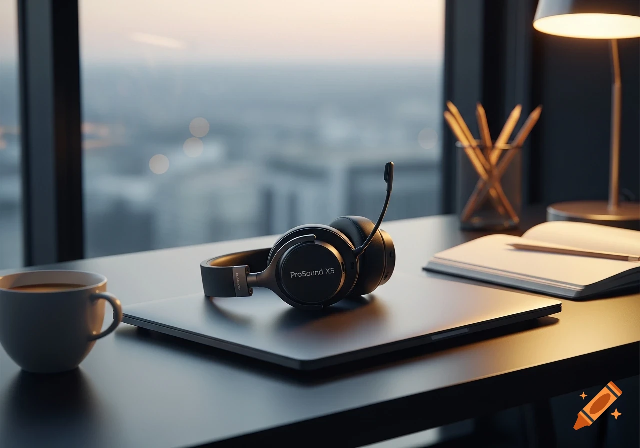 Photorealistic image of black ProSound X5 headphones on a laptop, with a coffee mug and notebook on a desk by a window with a city view.