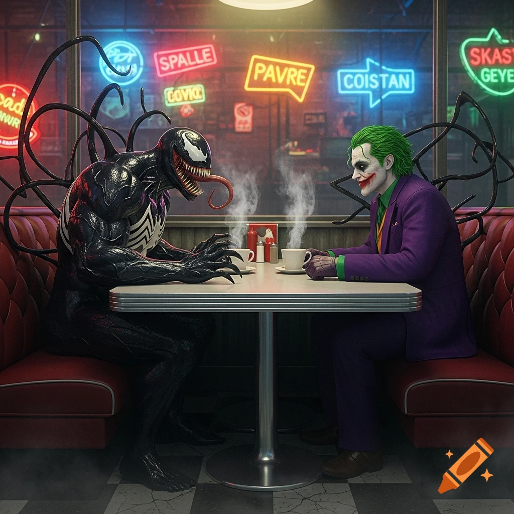 Venom and the Joker sit opposite each other at a diner booth, sharing coffee under bright neon signs.