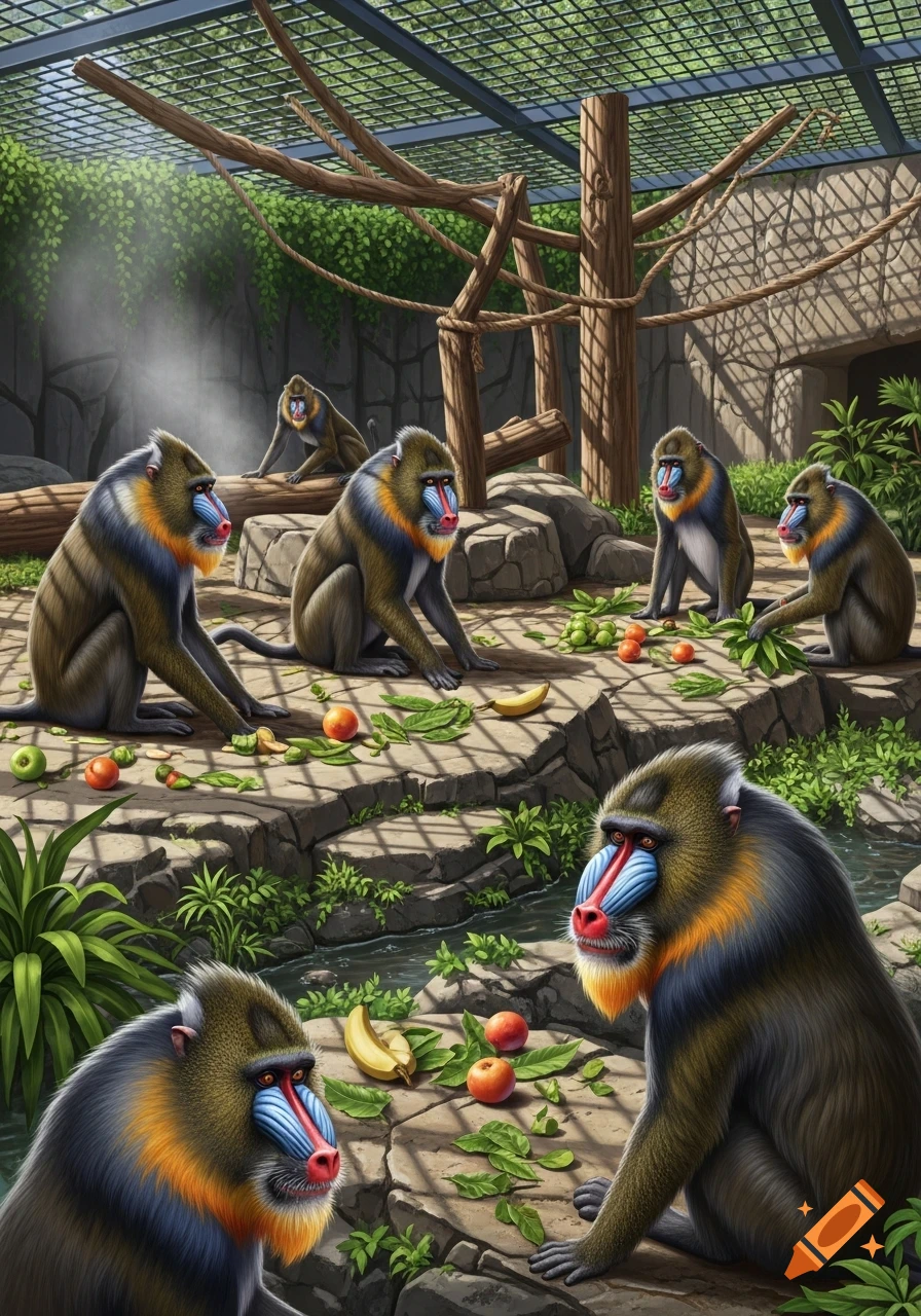 Digital art of several colorful mandrills eating fruit and leaves in a detailed zoo exhibit with rocks and trees.